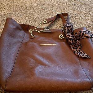 Brown Leather Tote Bag with Leopard Accent